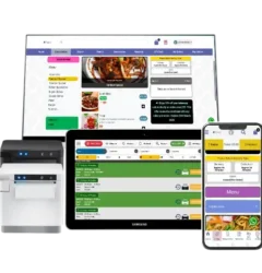 Complete Perkss ecosystem including online ordering dashboard, hospitality EPOS tablet, receipt printer, and mobile app interface.
