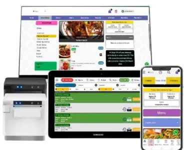 Complete Perkss ecosystem including online ordering dashboard, hospitality EPOS tablet, receipt printer, and mobile app interface.