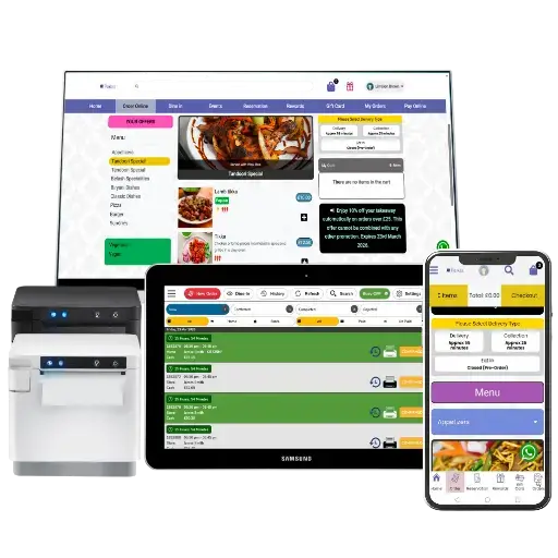 Complete Perkss ecosystem including online ordering dashboard, hospitality EPOS tablet, receipt printer, and mobile app interface.