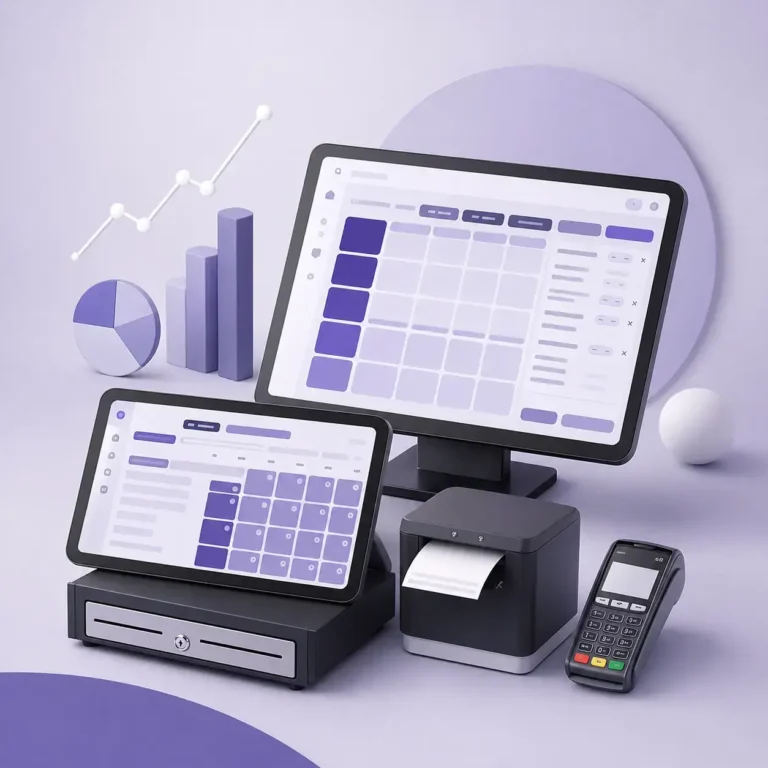 Minimalist EPOS system setup with digital tablets displaying financial calculators for UK cafes and restaurants.