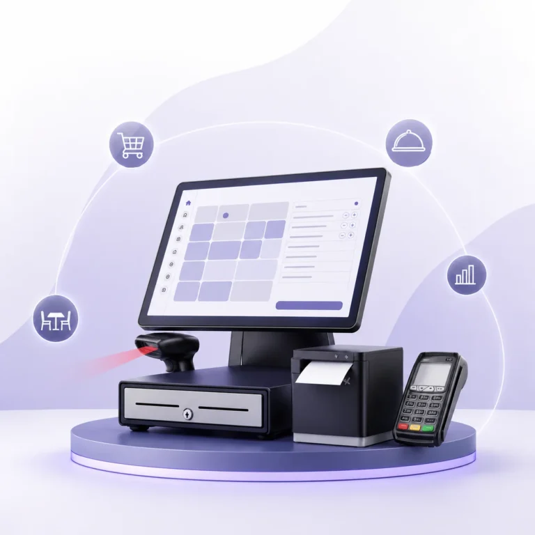 Perkss hospitality EPOS hardware system with interactive touchscreen terminal card machine and receipt printer displaying integrated business software