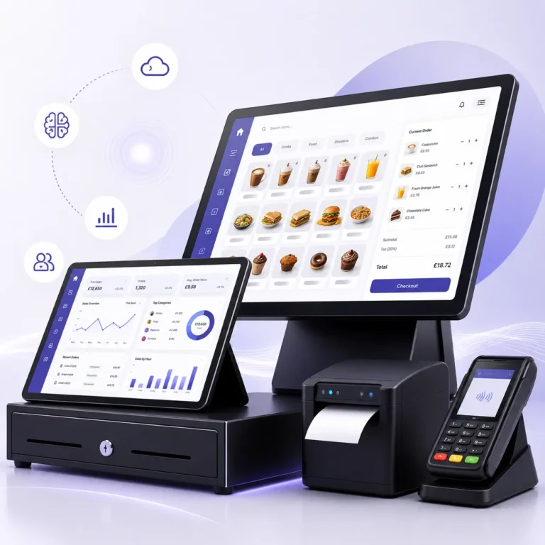 Professional Perkss hospitality EPOS hardware with AI powered engine icons for cloud connectivity and predictive analytics.