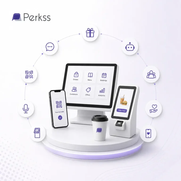 Perkss hospitality technology innovations ecosystem showing EPOS, QR ordering, AI chatbots, and self-service kiosks for UK businesses.