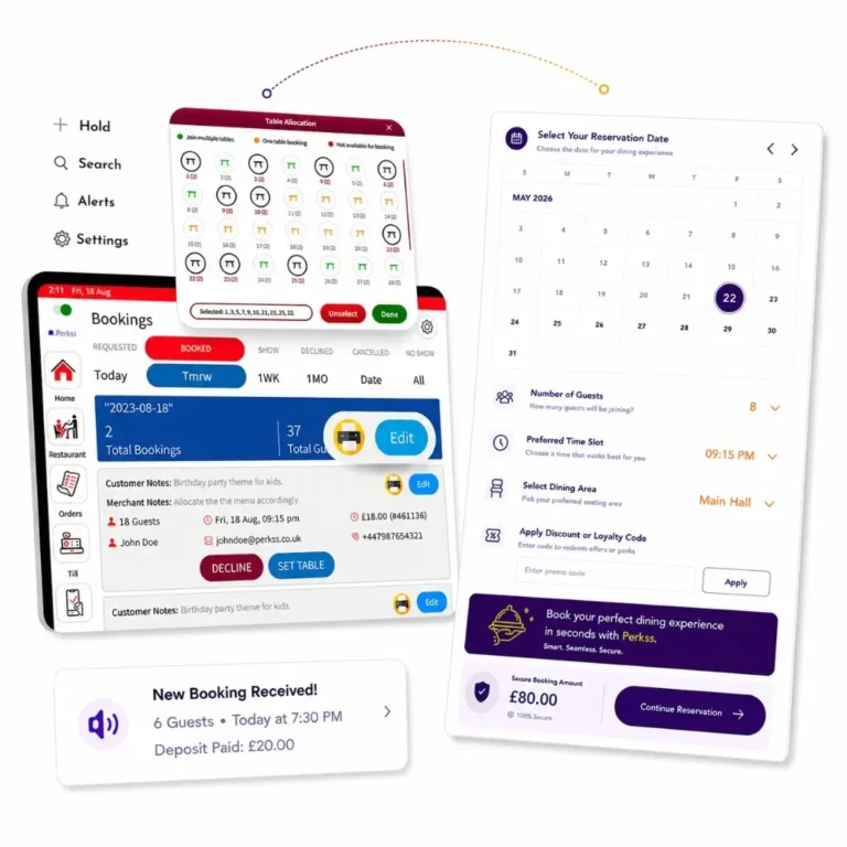 Table allocation engine interface and mobile reservation flow showing date selection and automated deposit securement screens.