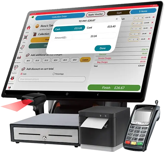 Professional hospitality EPOS hardware including receipt printer, cash drawer, and card machine.