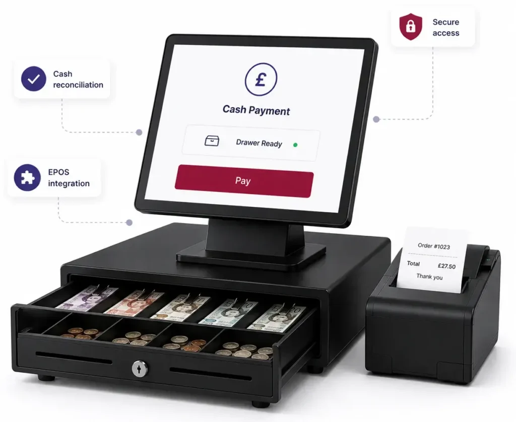 Cash Drawer workflow showing cash payment processing, EPOS integration, and secure transaction management