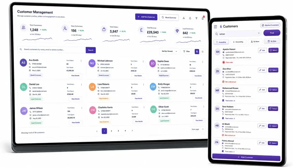 Customer Management dashboard displaying customer database management, customer profiles, customer history, loyalty management and hospitality CRM analytics.