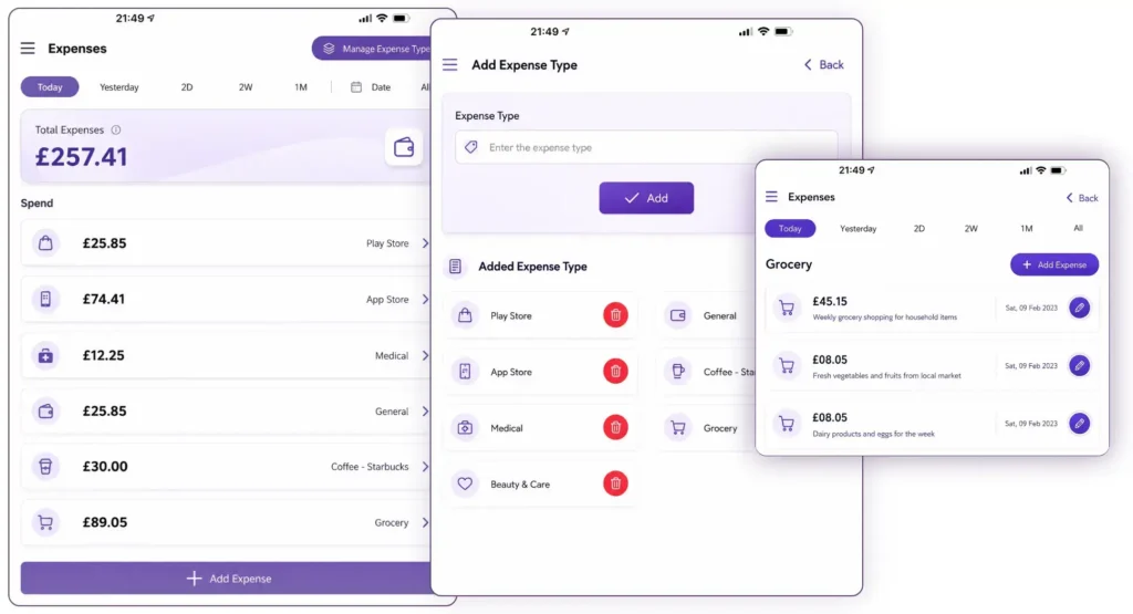 Expense Management mobile interface for tracking business expenses and expense categories with Perkss