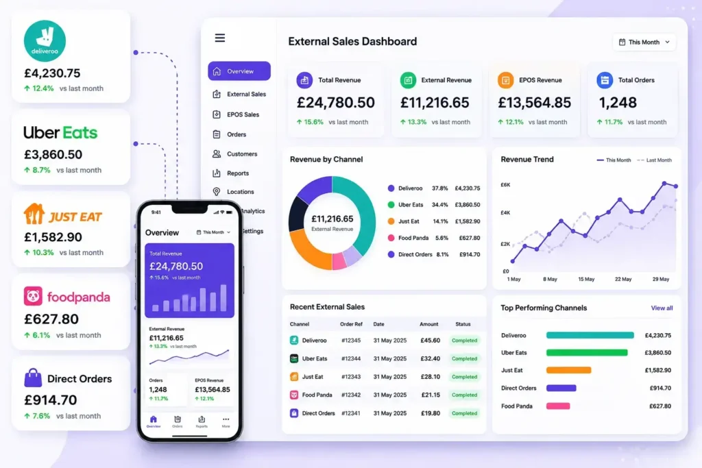 External Sales Tracking dashboard showing Deliveroo, Uber Eats, Just Eat, EPOS and direct sales in one hospitality reporting dashboard