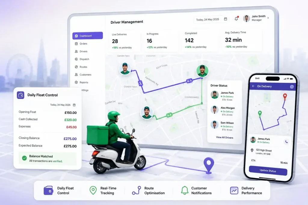 Google Maps & Float Management dashboard with real-time driver tracking, delivery route optimization and daily float control for hospitality businesses