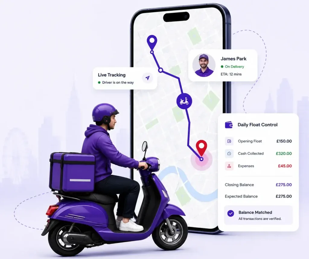 Google Maps & Float Management with live delivery driver tracking, route planning and daily float control