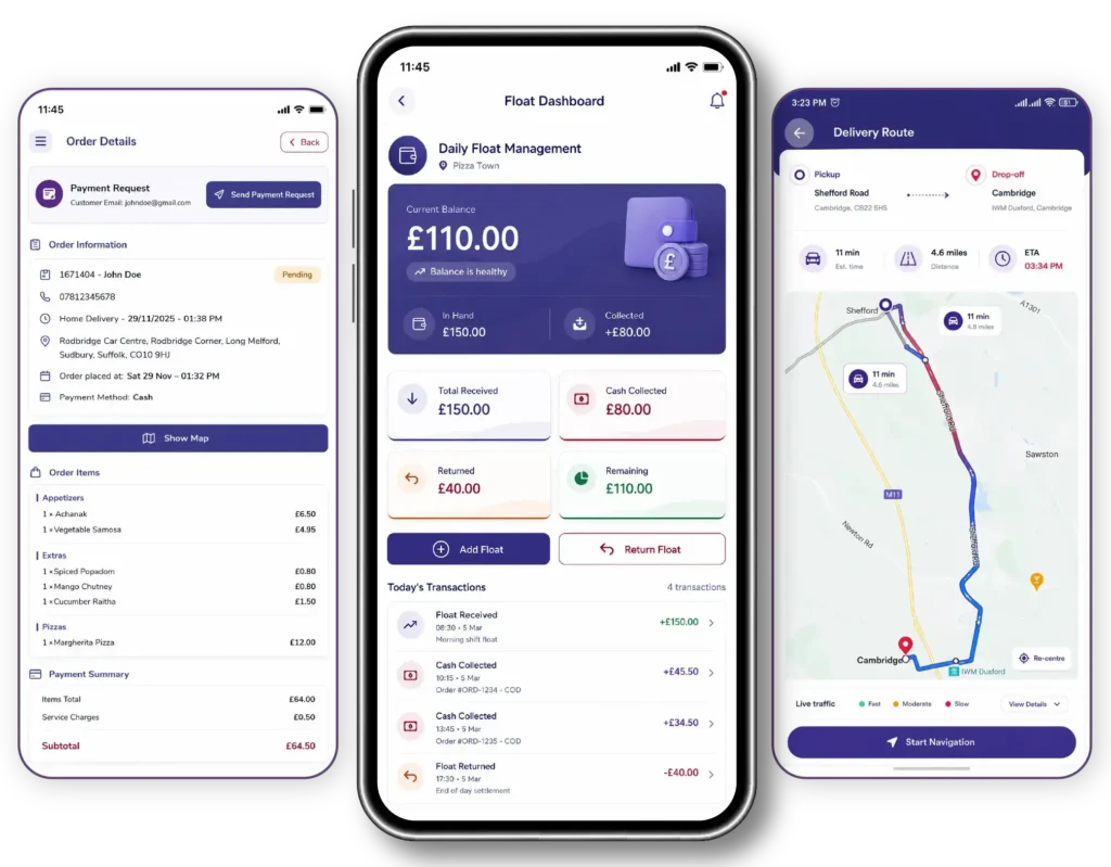 Google Maps & Driver Management mobile app screens showing delivery route optimization, daily float management and restaurant driver management