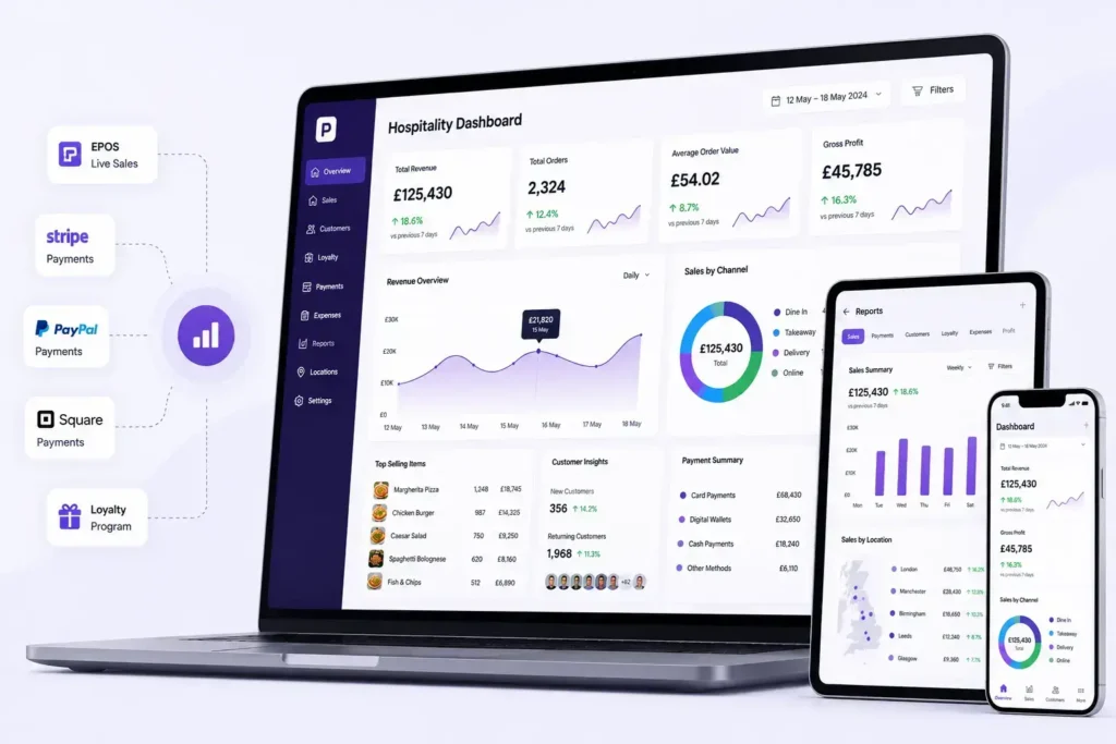 Hospitality Dashboards connected with EPOS, Stripe, PayPal, Square and loyalty reporting tools