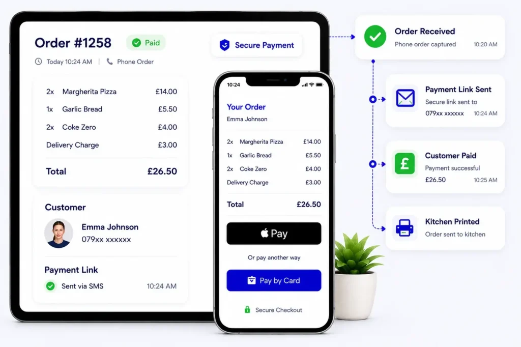 A digital tablet and mobile screen showing an automated phone order process with Request for Payment Link tracking statuses from SMS alert to Apple Pay confirmation and kitchen routing.