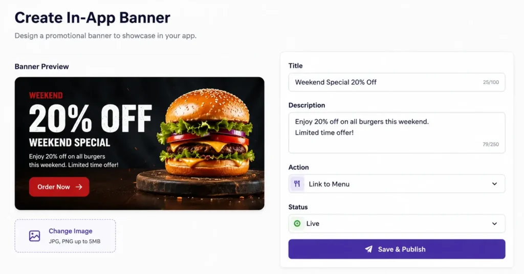 In-App Banners campaign management dashboard for creating, editing and publishing promotions.