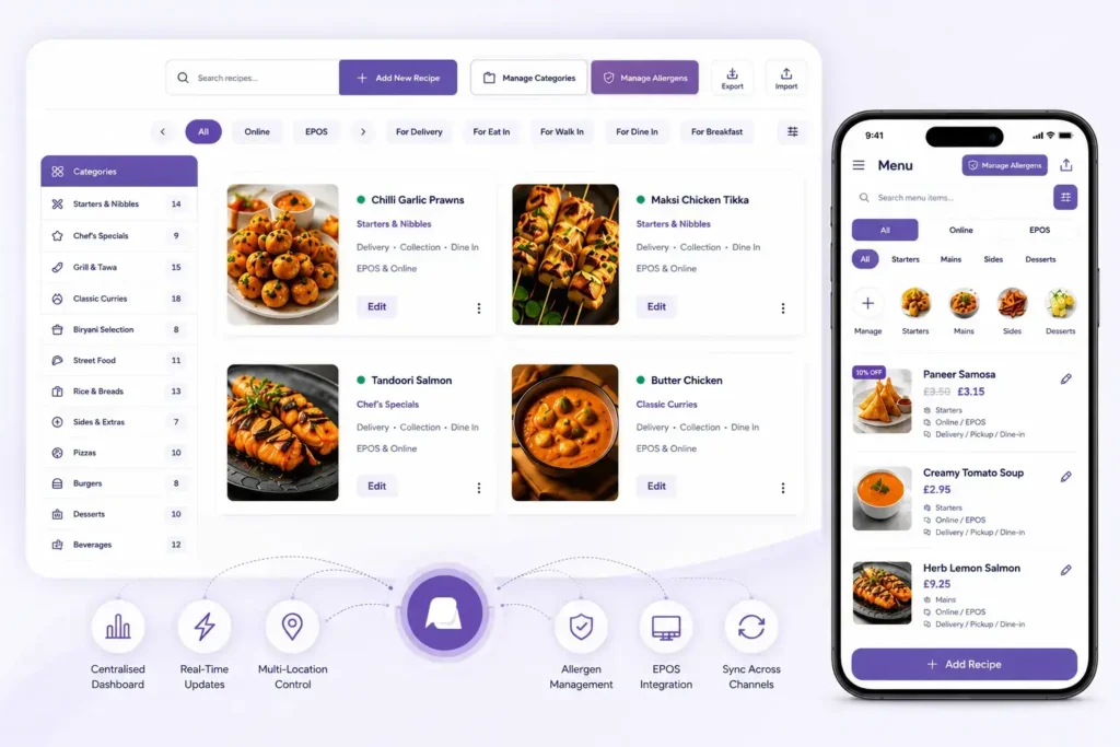 Menu Management dashboard with desktop and mobile hospitality platform showcasing EPOS menu management, menu synchronisation, allergen management and multi-channel restaurant menu management.