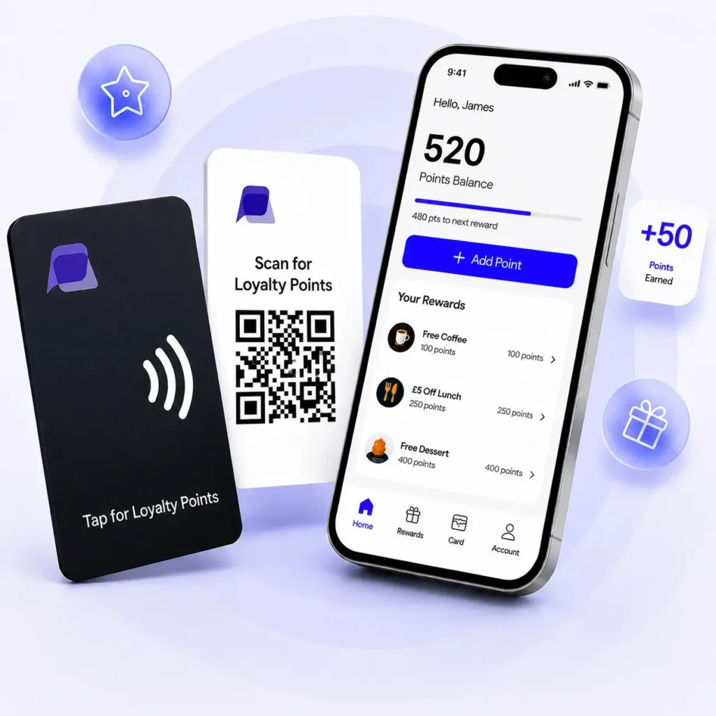 Perkss physical NFC loyalty card showing tap-to-earn symbol alongside a mobile app interface tracking 520 reward points for a UK restaurant customer.