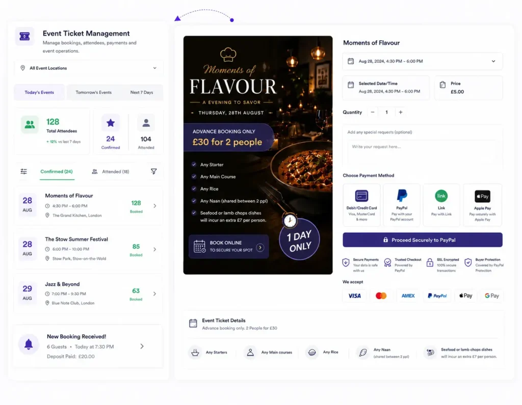 Perkss commission-free event ticket system showing a laptop dashboard with sales analytics and a mobile phone displaying a digital ticket for a UK hospitality tribute night event.