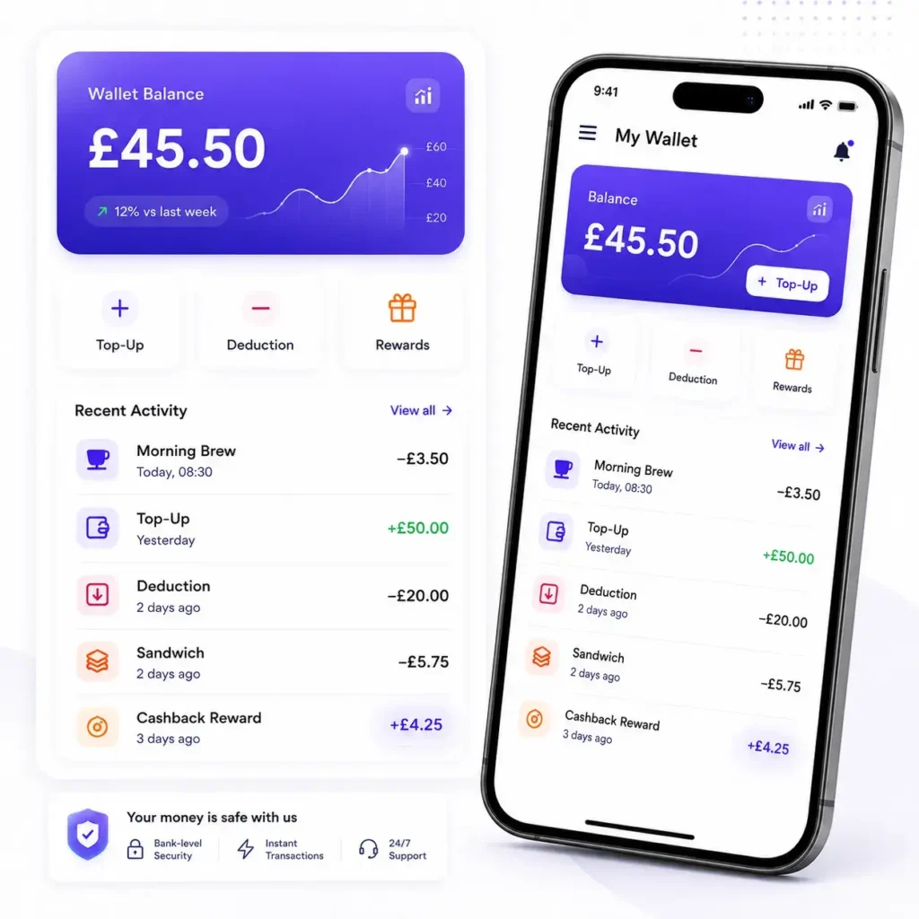 Smartphone app with Perkss Customer Wallets feature displaying a cash balance and one-tap checkout flow options.