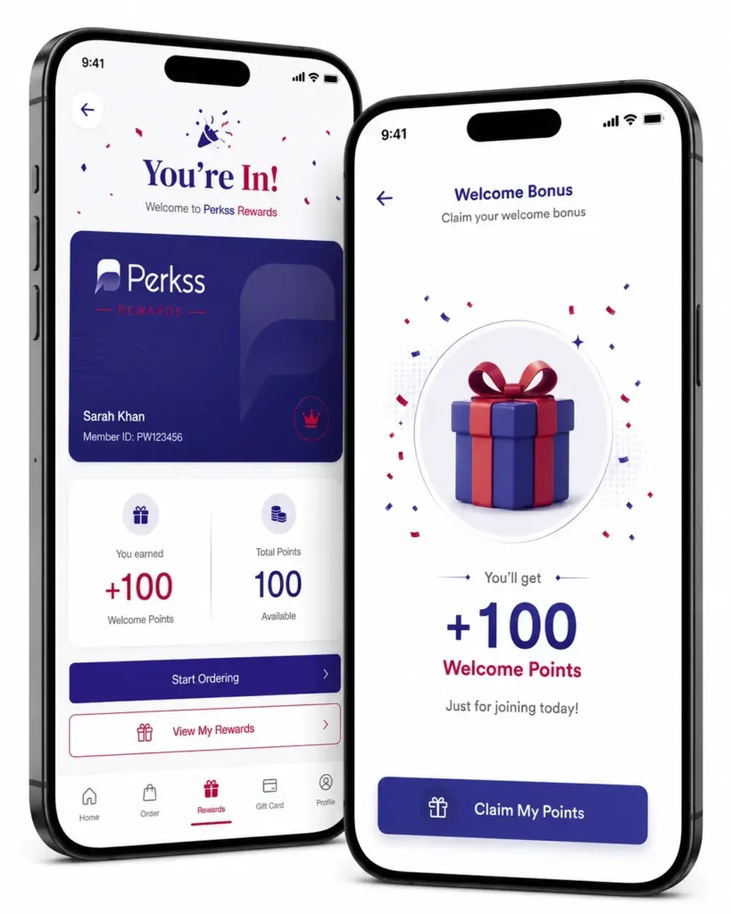 Perkss mobile app interface showing a 100 welcome points bonus gift box icon for new retail and restaurant loyalty members.