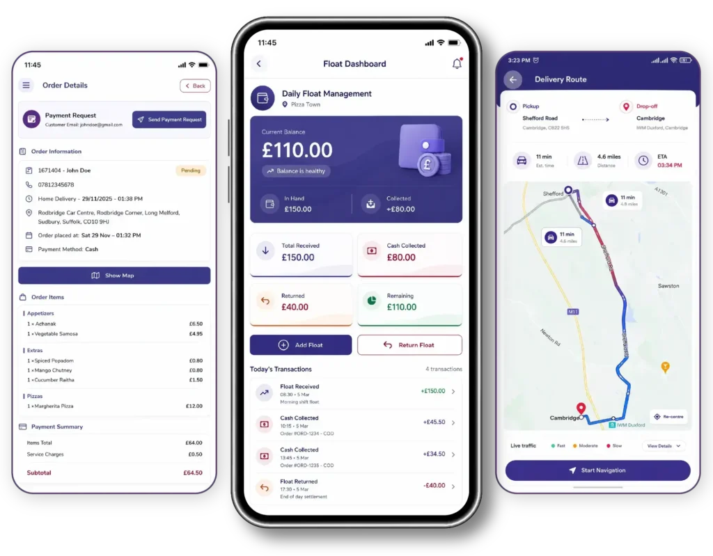 Google Maps & Driver Management mobile app screens showing delivery route optimization, daily float management and restaurant driver management