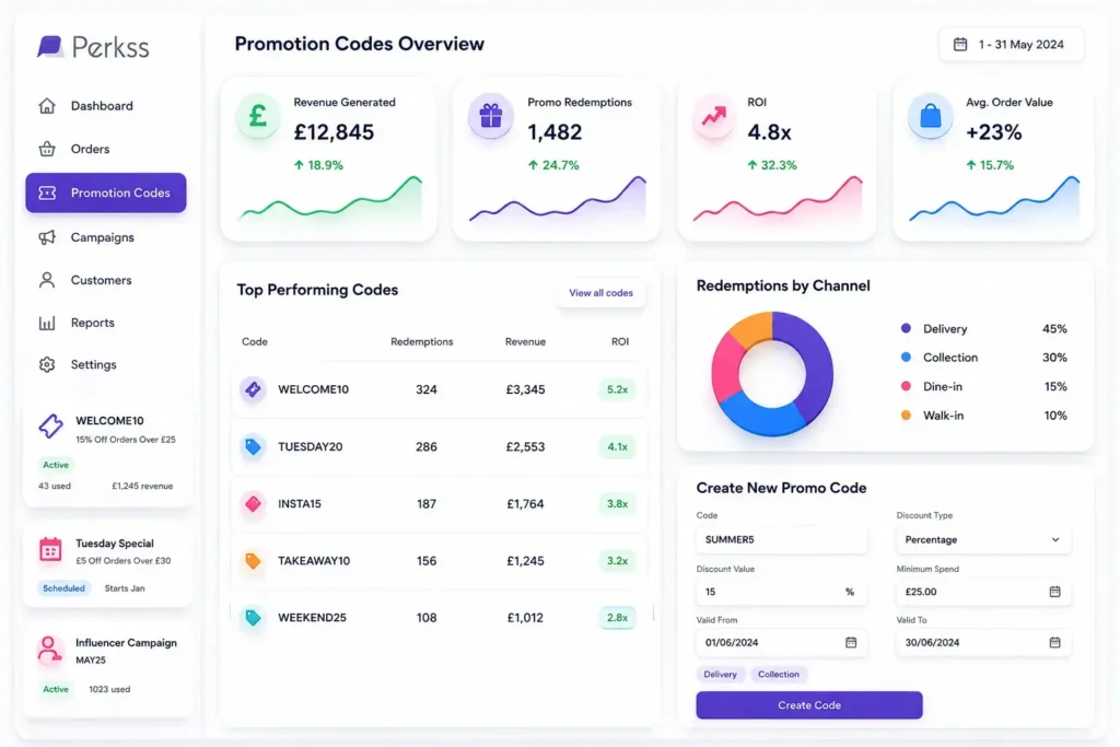 A technical screenshot of the Perkss hospitality promotion codes dashboard displaying real-time revenue analytics (£12,845), channel redemption percentages, top-performing restaurant discount codes, and rule-based configuration setup for UK venues.