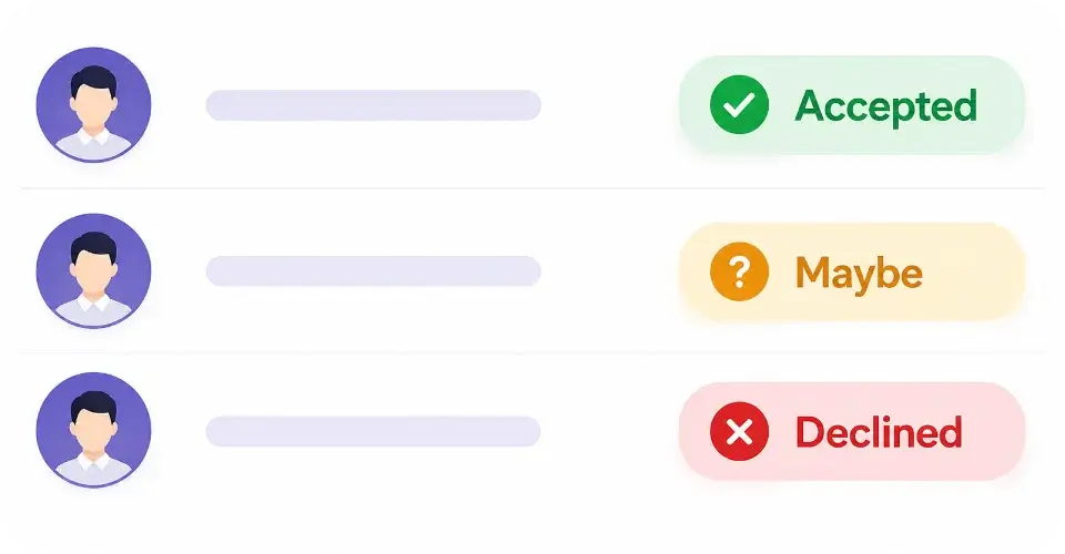RSVP Tracking dashboard showing accepted, pending and declined guest responses.