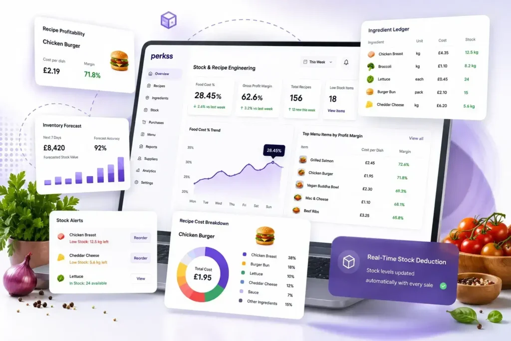 Stock & Recipe Engineering hero image featuring recipe costing software, ingredient tracking and hospitality inventory management dashboard.