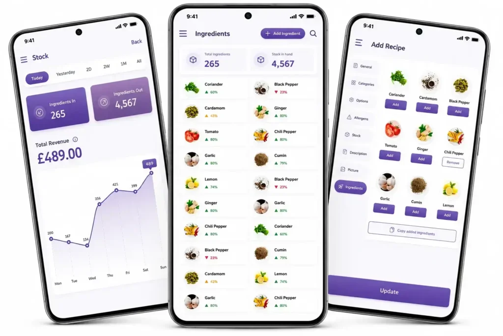 Stock & Recipe Engineering mobile app showing inventory management, ingredient tracking and recipe costing for UK hospitality businesses.