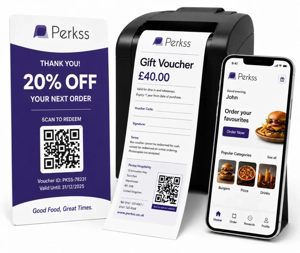 Perkss Custom Printable Vouchers of 40 pounds printing from a standard thermal receipt printer next to a tracked printed restaurant coupon and smartphone.