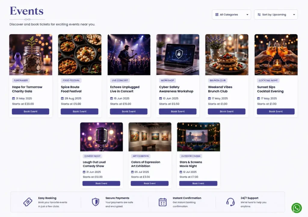 Digital event ticket system dashboard displaying attendee analytics, online booking integration for a food festival poster, and multiple UK frictionless payment options including Apple Pay and Stripe.