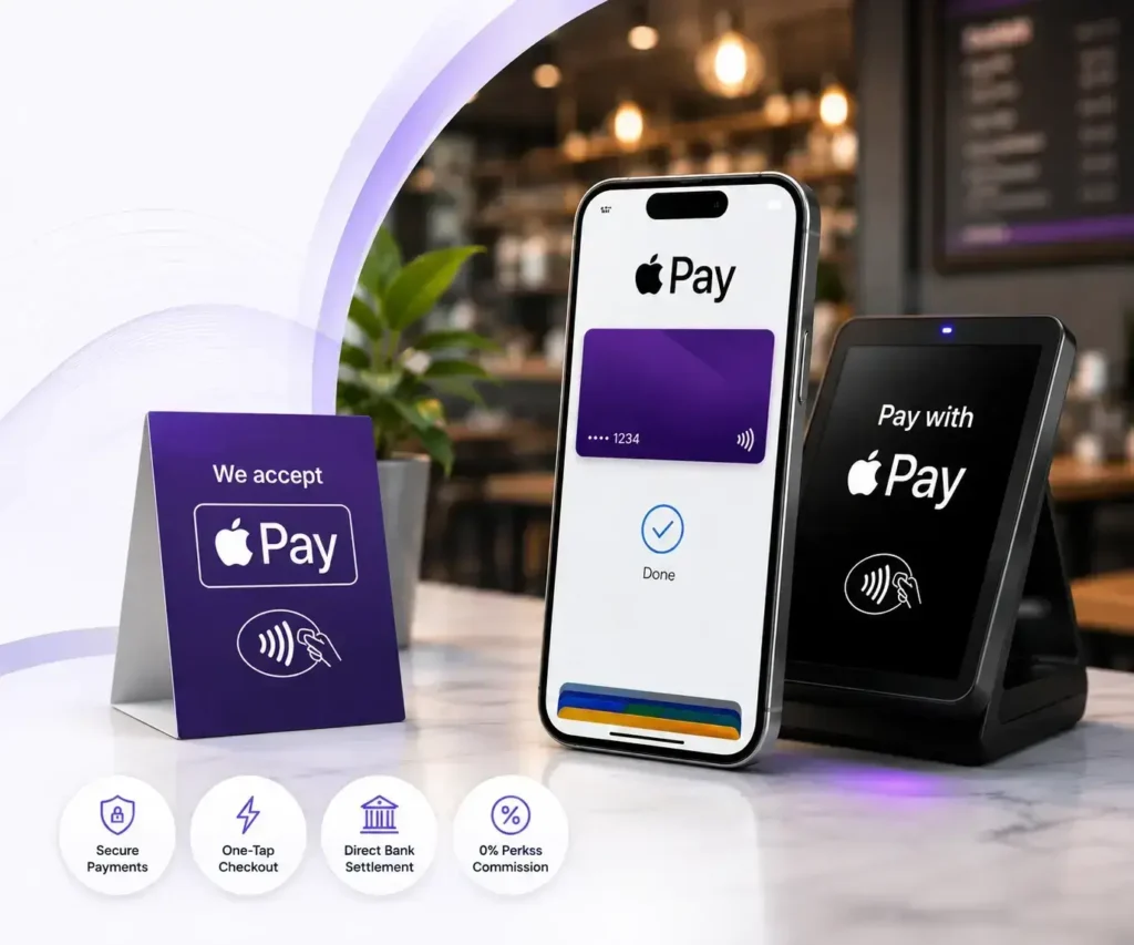 Apple Pay for Hospitality hero image showing secure mobile wallet payments with direct bank settlement