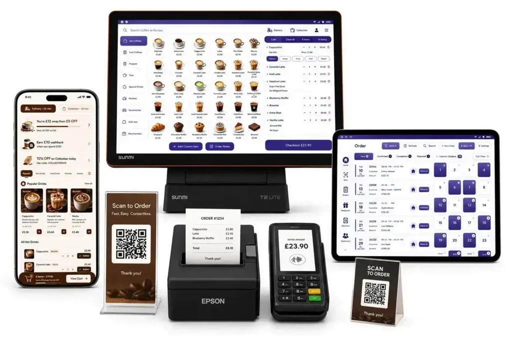 Coffee Shop Management System ecosystem with EPOS, QR ordering, payment terminal, printer, order management dashboard and mobile ordering.
