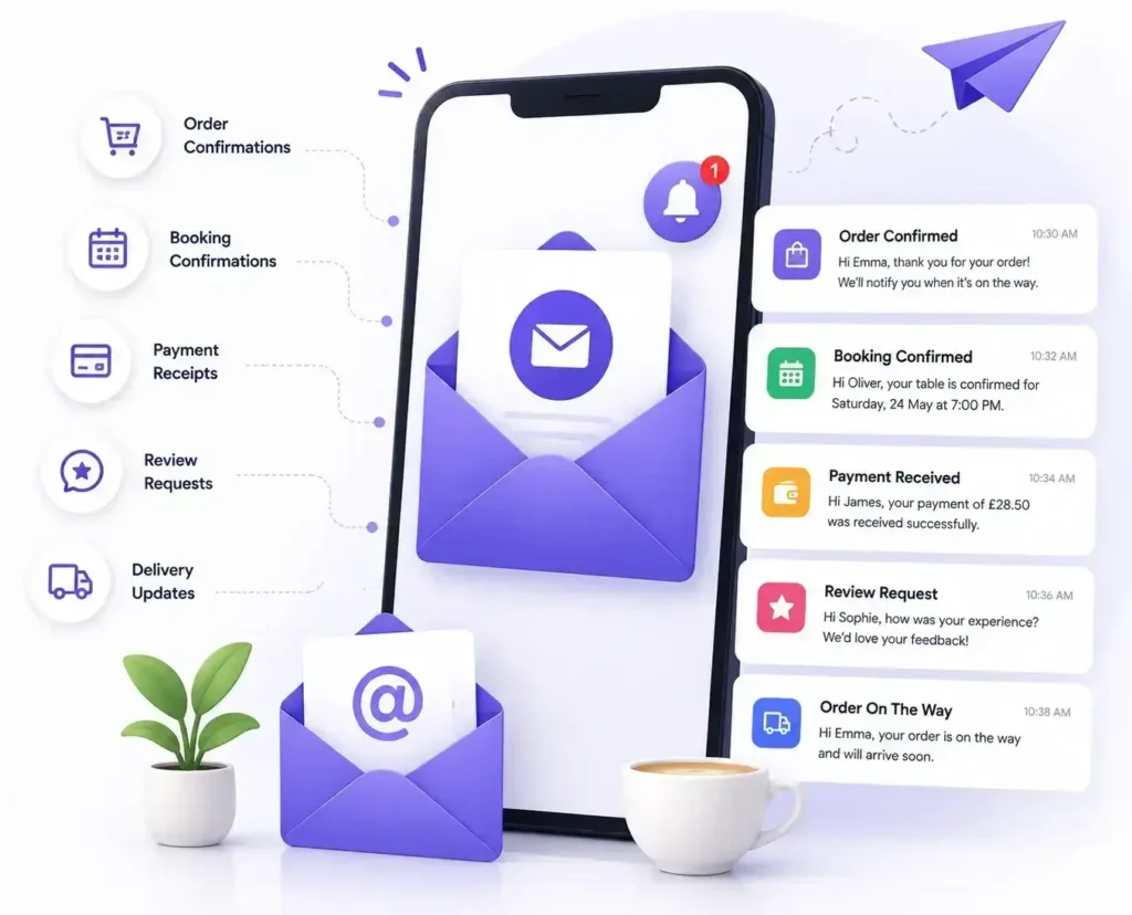 Email Notifications for Hospitality hero illustration with automated order, booking and payment email notifications