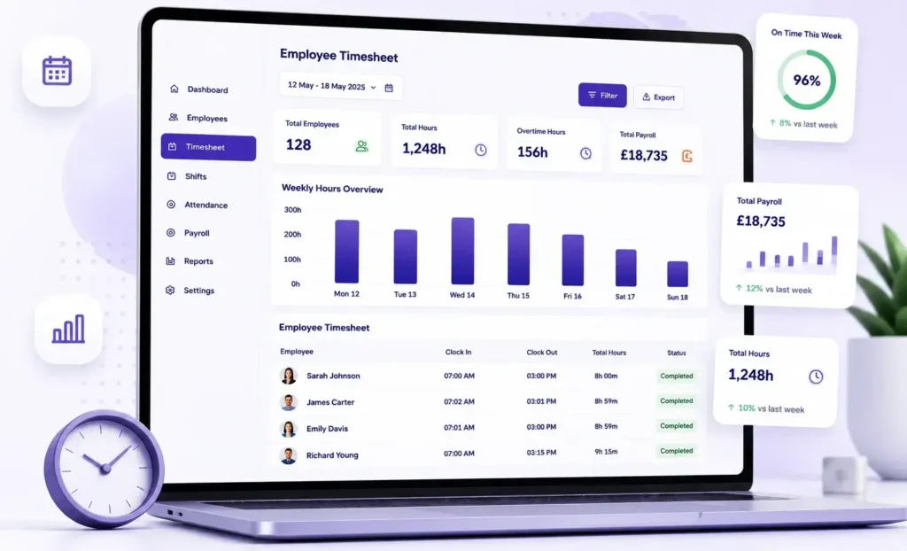 Employee Timesheet dashboard for UK hospitality employee management and payroll reporting