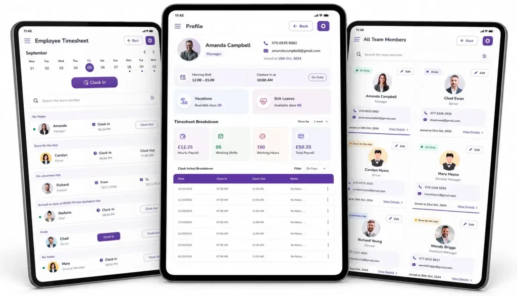 Employee Timesheet dashboard displayed across three tablet screens for UK hospitality workforce management
