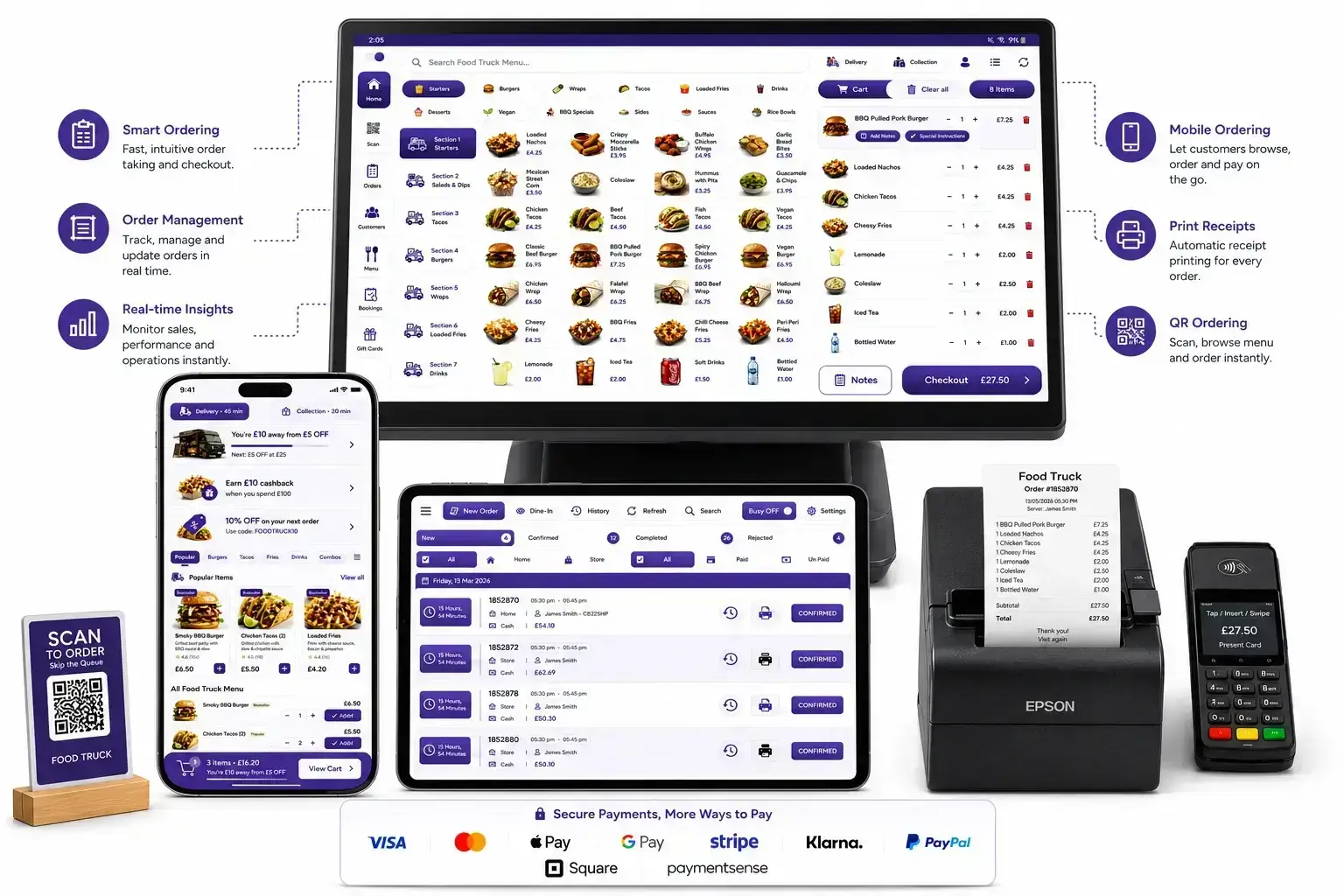Food Truck POS System UK featuring EPOS terminal, mobile ordering app, QR ordering, kitchen printer and secure payment gateway.