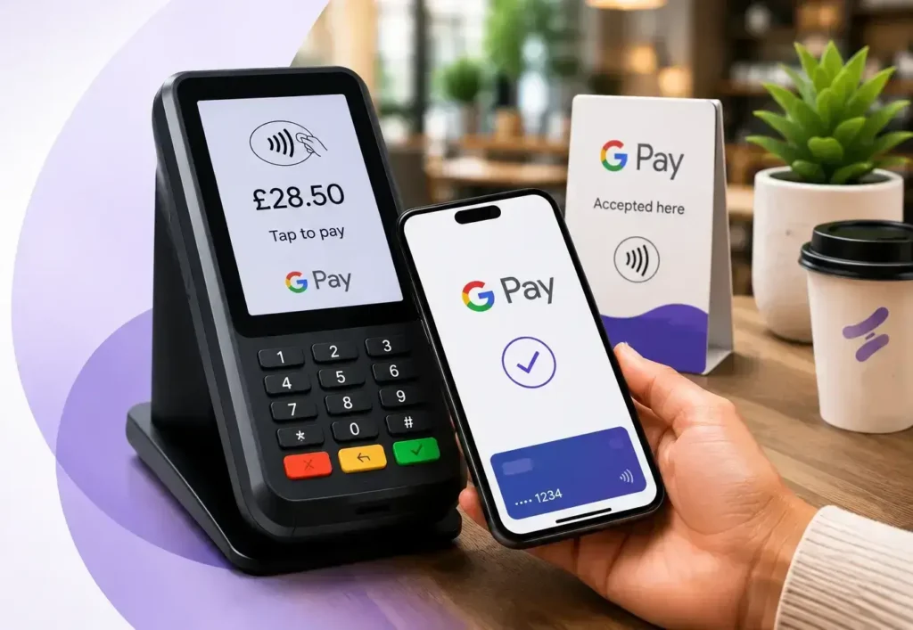 Google Pay for Hospitality hero showing secure mobile wallet checkout for UK restaurants and cafés.