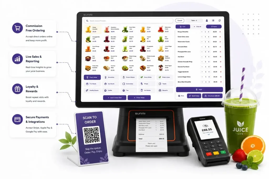 Juice Shop Management System UK featuring the PERKSS EPOS terminal, QR ordering, loyalty, secure payments and commission-free online ordering.