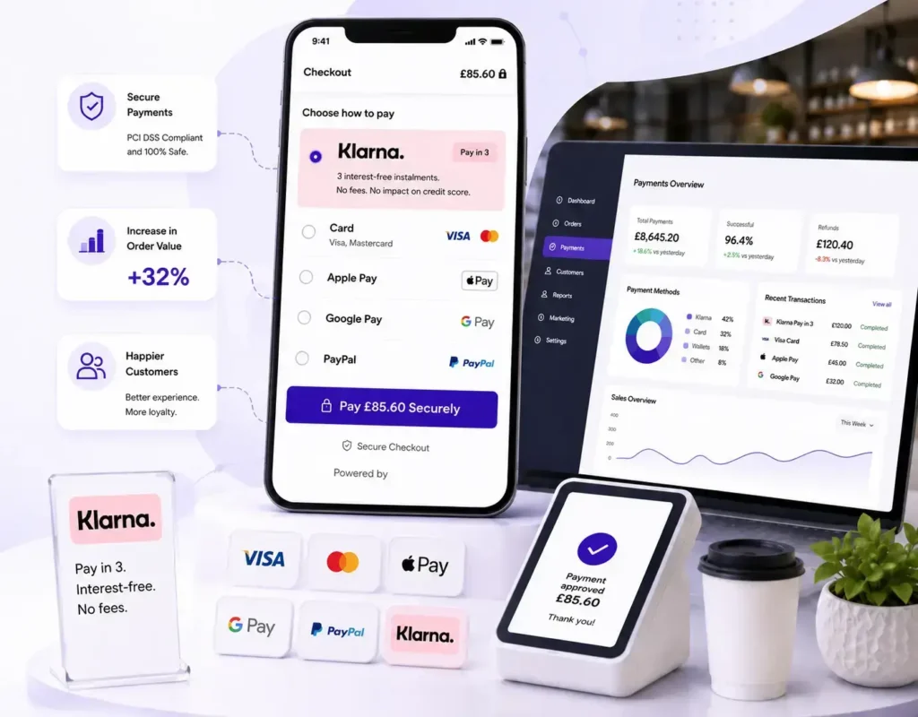 Klarna for Hospitality checkout with Buy Now Pay Later, secure payments and hospitality payment dashboard.