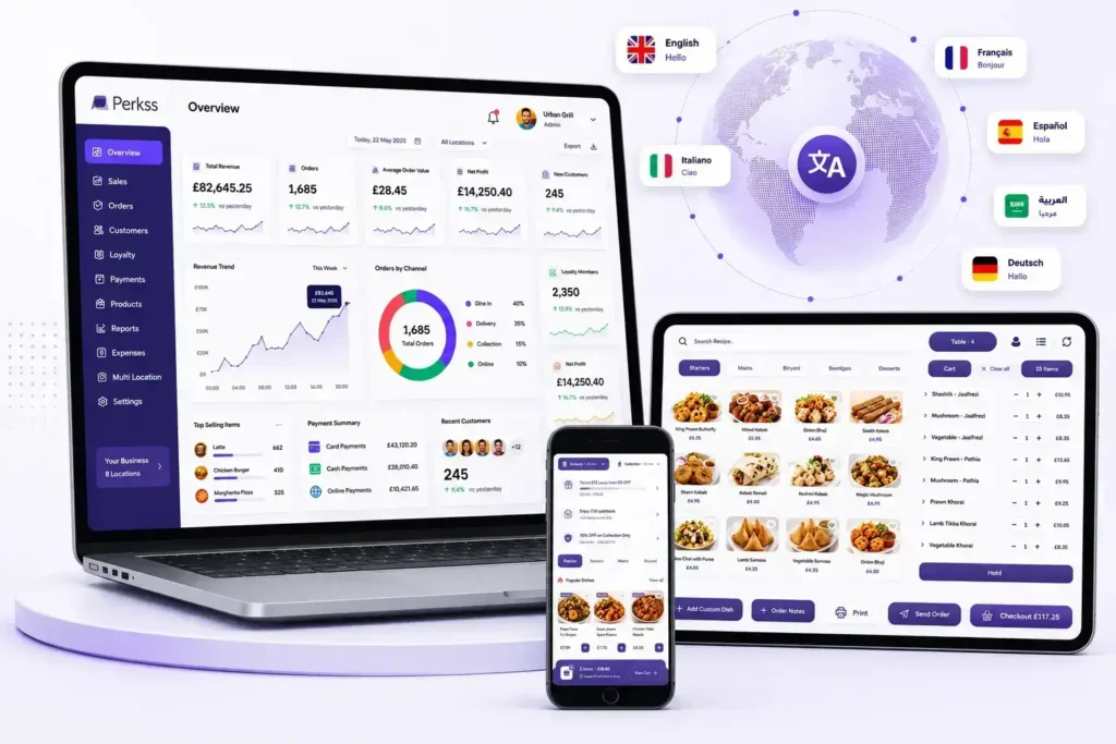 Multi Language Support across Perkss hospitality software on laptop, tablet and mobile.