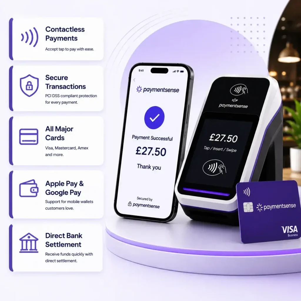 PaymentSense for Hospitality hero showcasing secure card payments, contactless checkout and EPOS integration with Perkss
