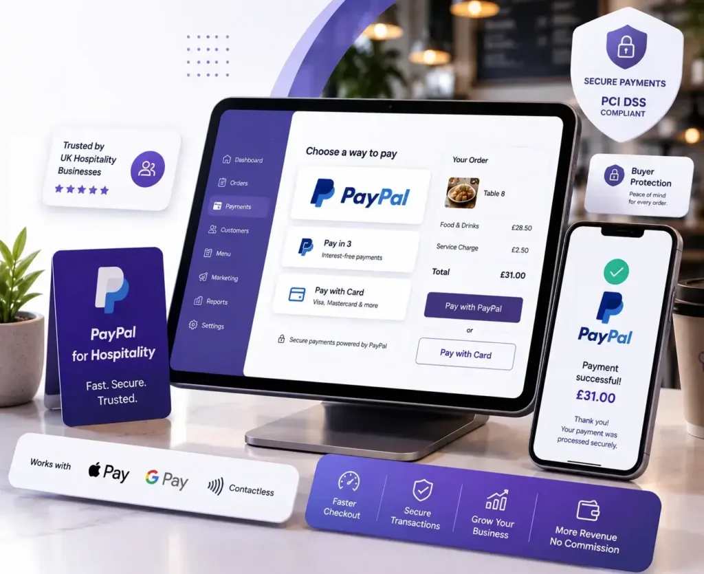 PayPal for Hospitality hero showing secure PayPal payments, online checkout, EPOS integration and commission free ordering with Perkss for UK hospitality businesses.