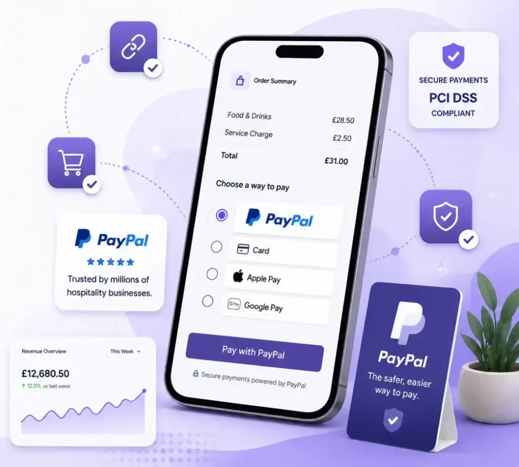 PayPal for Hospitality payment workflow showing PayPal integration, secure checkout, digital payments and payment tracking through Perkss.
