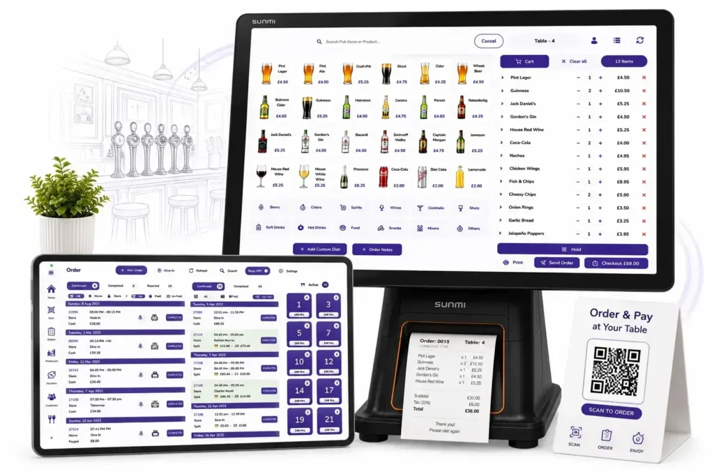 Perkss Pub Management System with cloud EPOS, tablet dashboard, QR ordering and receipt printer for UK hospitality.