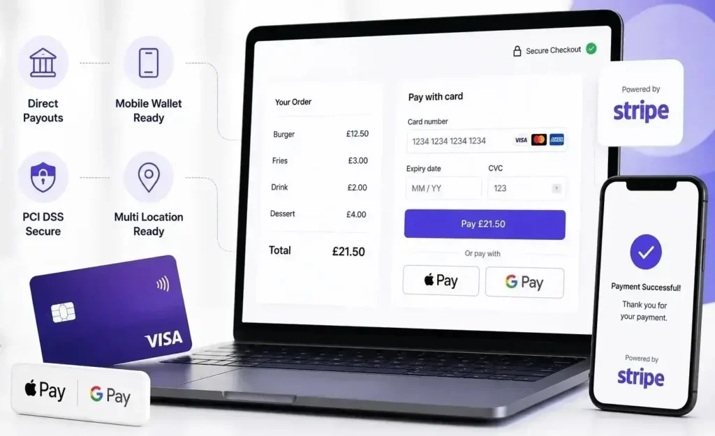 Stripe Payments for Hospitality hero image with secure Stripe checkout, Apple Pay, Google Pay and direct payouts.