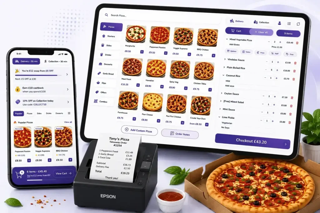 Pizza Shop Management System UK dashboard showing cloud EPOS, online ordering, mobile app, kitchen management and receipt printer.