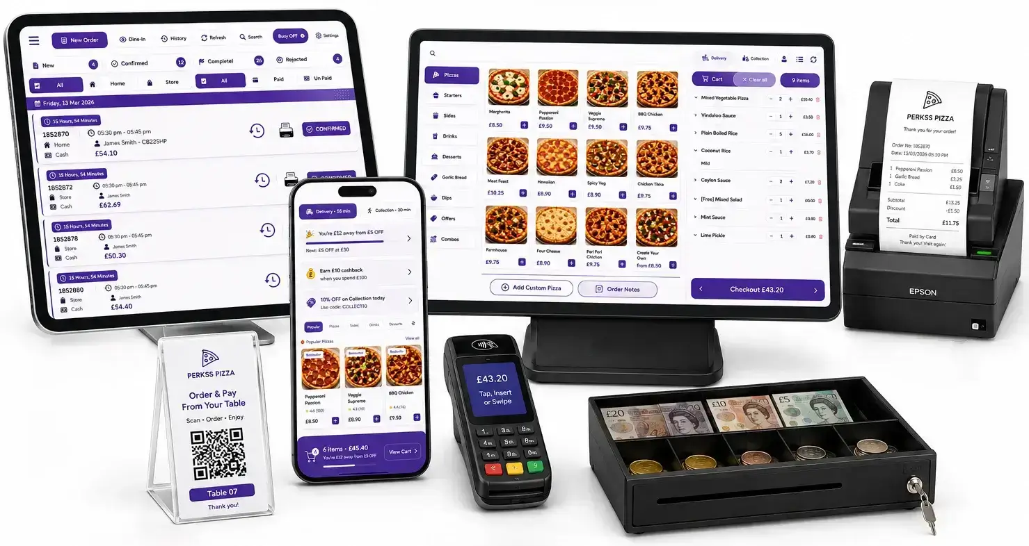Pizza Shop Management System UK with EPOS terminal, tablet, mobile ordering app, QR ordering, payment terminal, cash drawer and receipt printer.