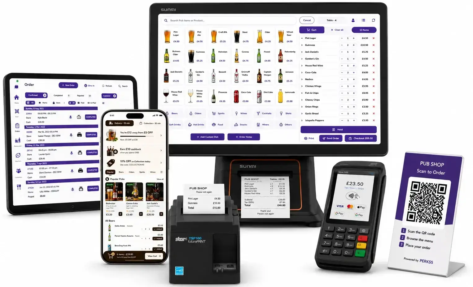 Pub Management System ecosystem with EPOS, customer app, payment terminal, printer and QR ordering solution.