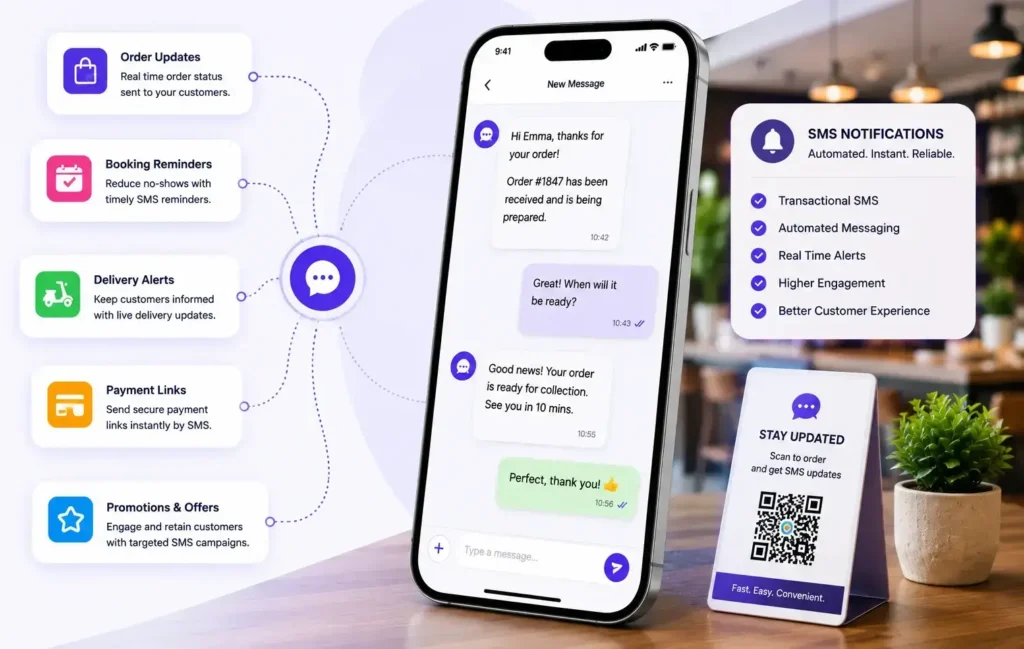 SMS Notifications for Hospitality dashboard showing automated order updates, booking reminders and payment alerts.